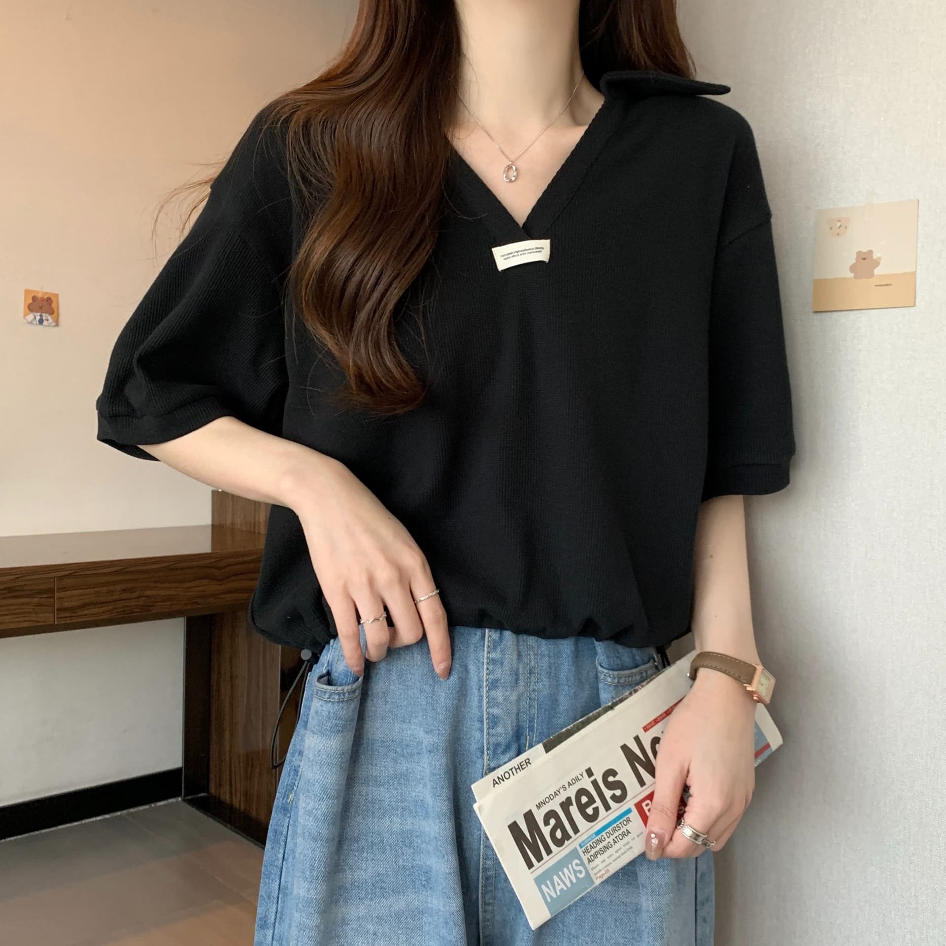 실사 35 면 POLO 칼라 쇼트 스타일 반팔 티셔츠 여성 봄 2025 새로운 티셔츠 맨위 POLO 셔츠 상세 이미지 13