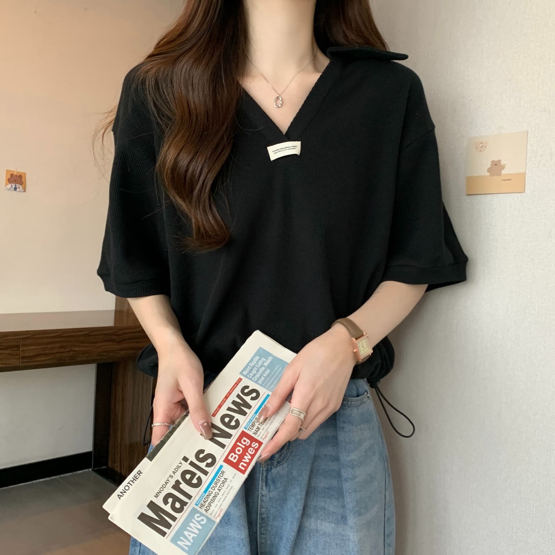 실사 35 면 POLO 칼라 쇼트 스타일 반팔 티셔츠 여성 봄 2025 새로운 티셔츠 맨위 POLO 셔츠 상세 이미지 14