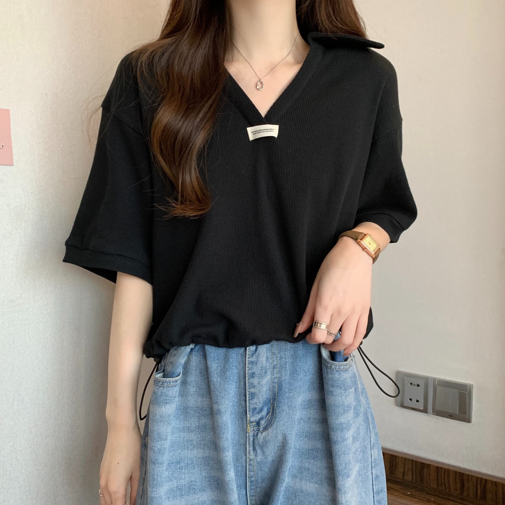 실사 35 면 POLO 칼라 쇼트 스타일 반팔 티셔츠 여성 봄 2025 새로운 티셔츠 맨위 POLO 셔츠 상세 이미지 15