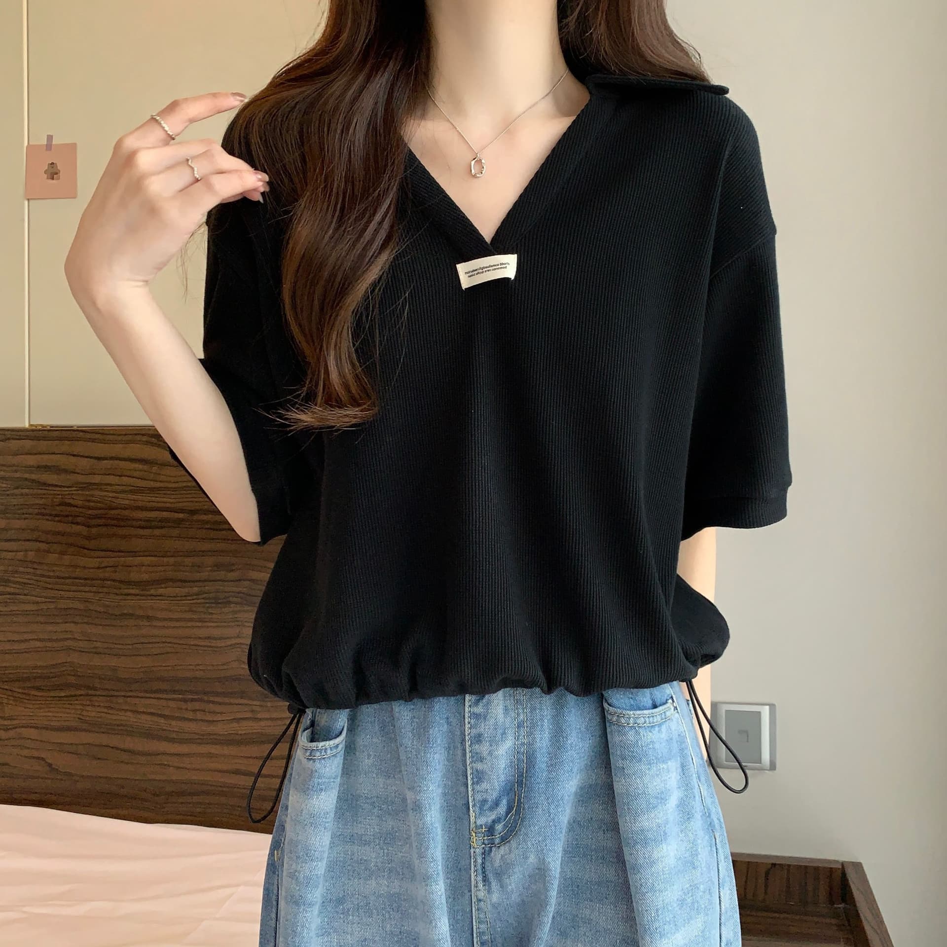 실사 35 면 POLO 칼라 쇼트 스타일 반팔 티셔츠 여성 봄 2025 새로운 티셔츠 맨위 POLO 셔츠 상세 이미지 16