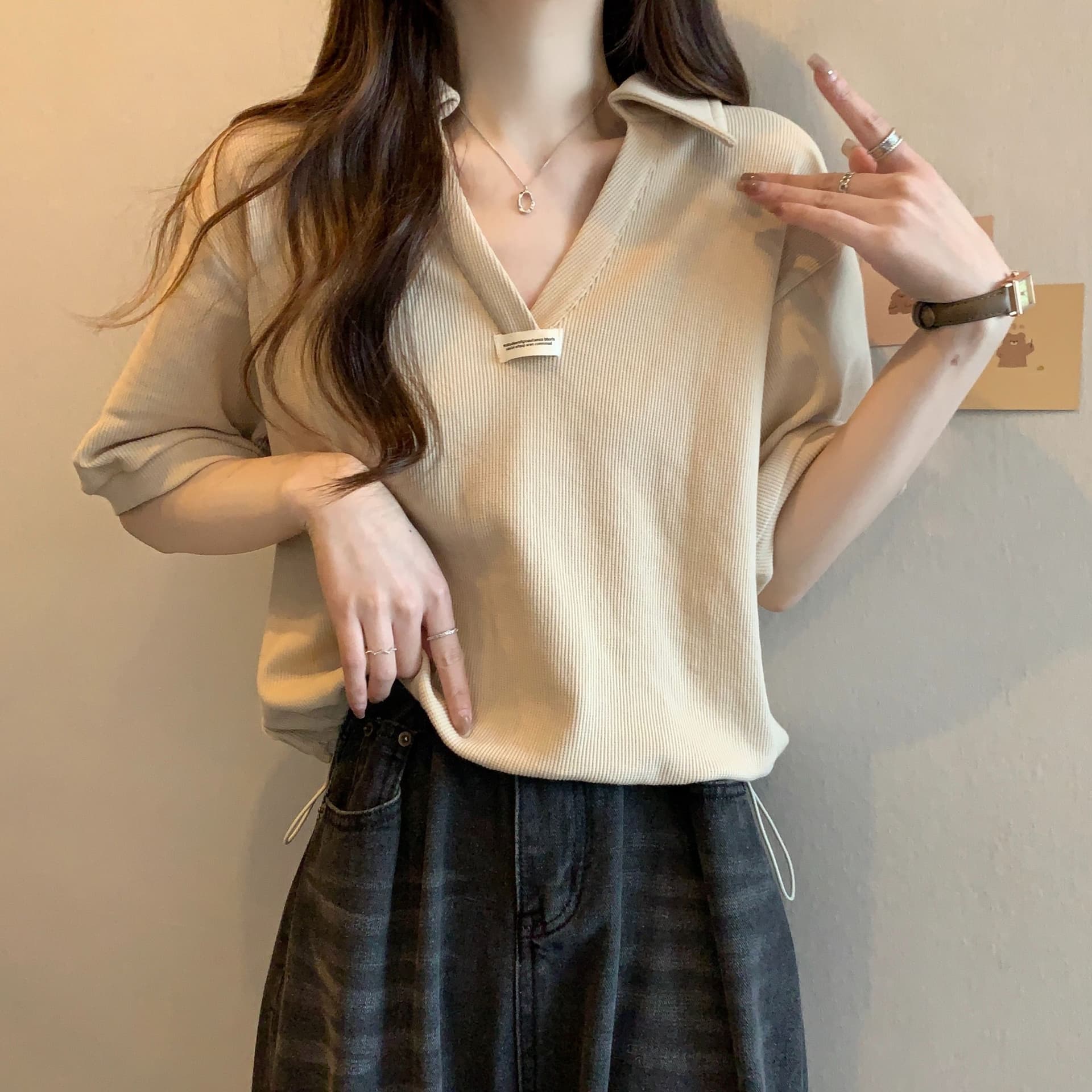실사 35 면 POLO 칼라 쇼트 스타일 반팔 티셔츠 여성 봄 2025 새로운 티셔츠 맨위 POLO 셔츠 상세 이미지 18