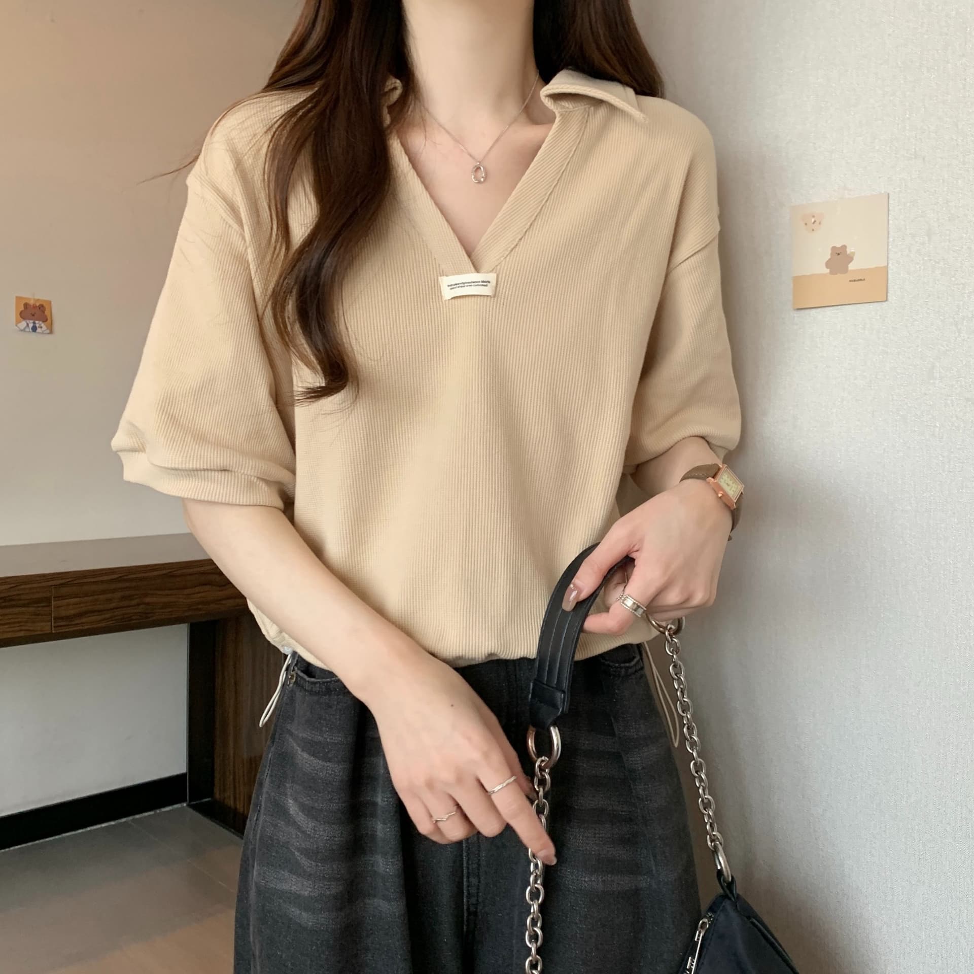실사 35 면 POLO 칼라 쇼트 스타일 반팔 티셔츠 여성 봄 2025 새로운 티셔츠 맨위 POLO 셔츠 상세 이미지 19