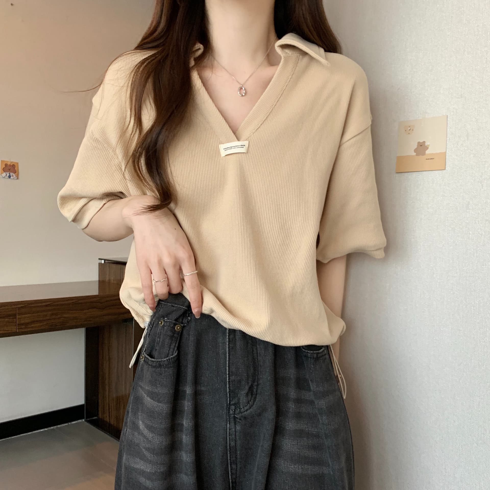 실사 35 면 POLO 칼라 쇼트 스타일 반팔 티셔츠 여성 봄 2025 새로운 티셔츠 맨위 POLO 셔츠 상세 이미지 20