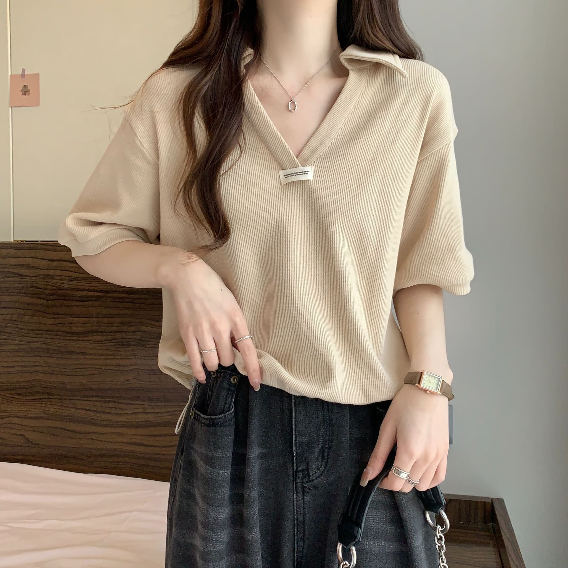 실사 35 면 POLO 칼라 쇼트 스타일 반팔 티셔츠 여성 봄 2025 새로운 티셔츠 맨위 POLO 셔츠 상세 이미지 22