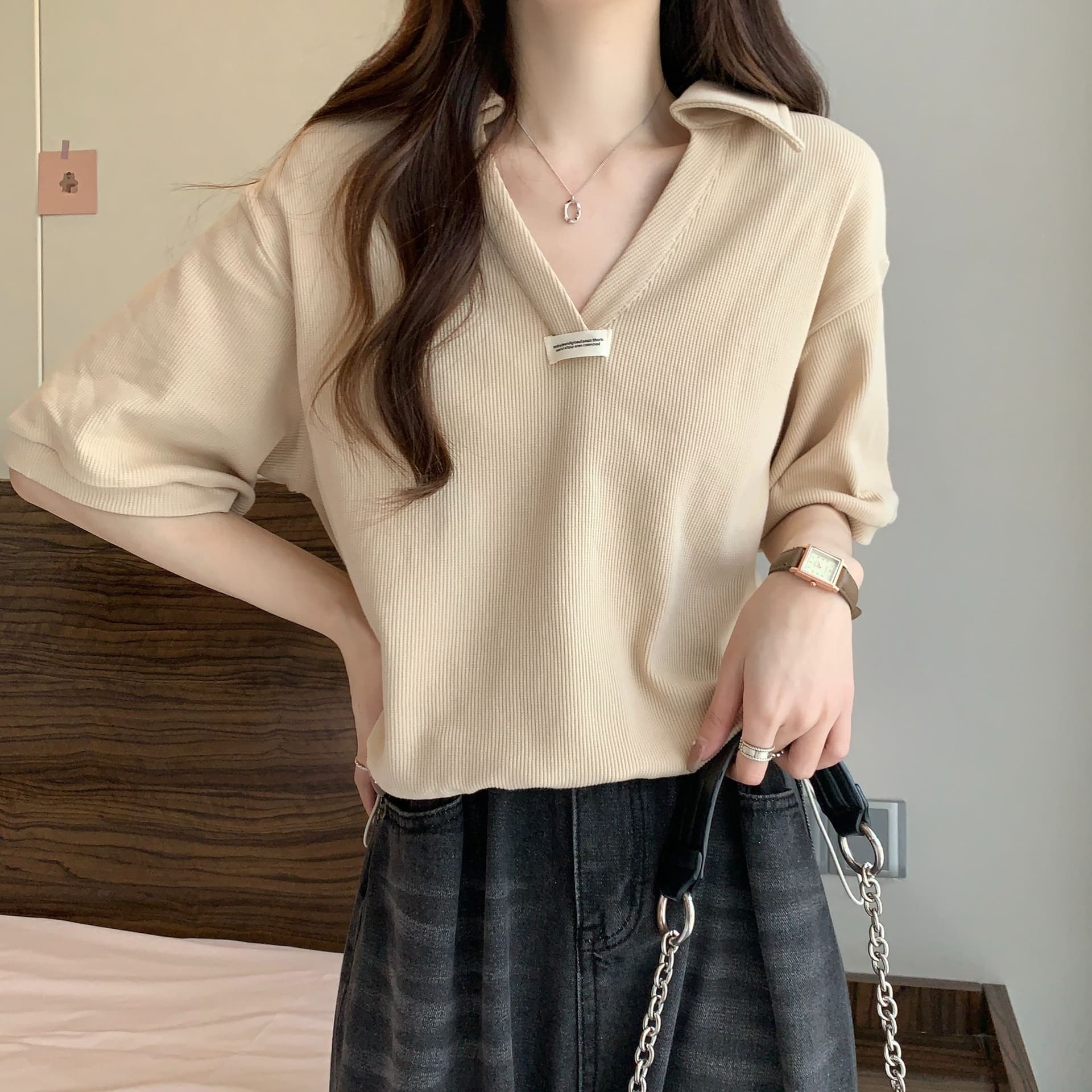 실사 35 면 POLO 칼라 쇼트 스타일 반팔 티셔츠 여성 봄 2025 새로운 티셔츠 맨위 POLO 셔츠 상세 이미지 23