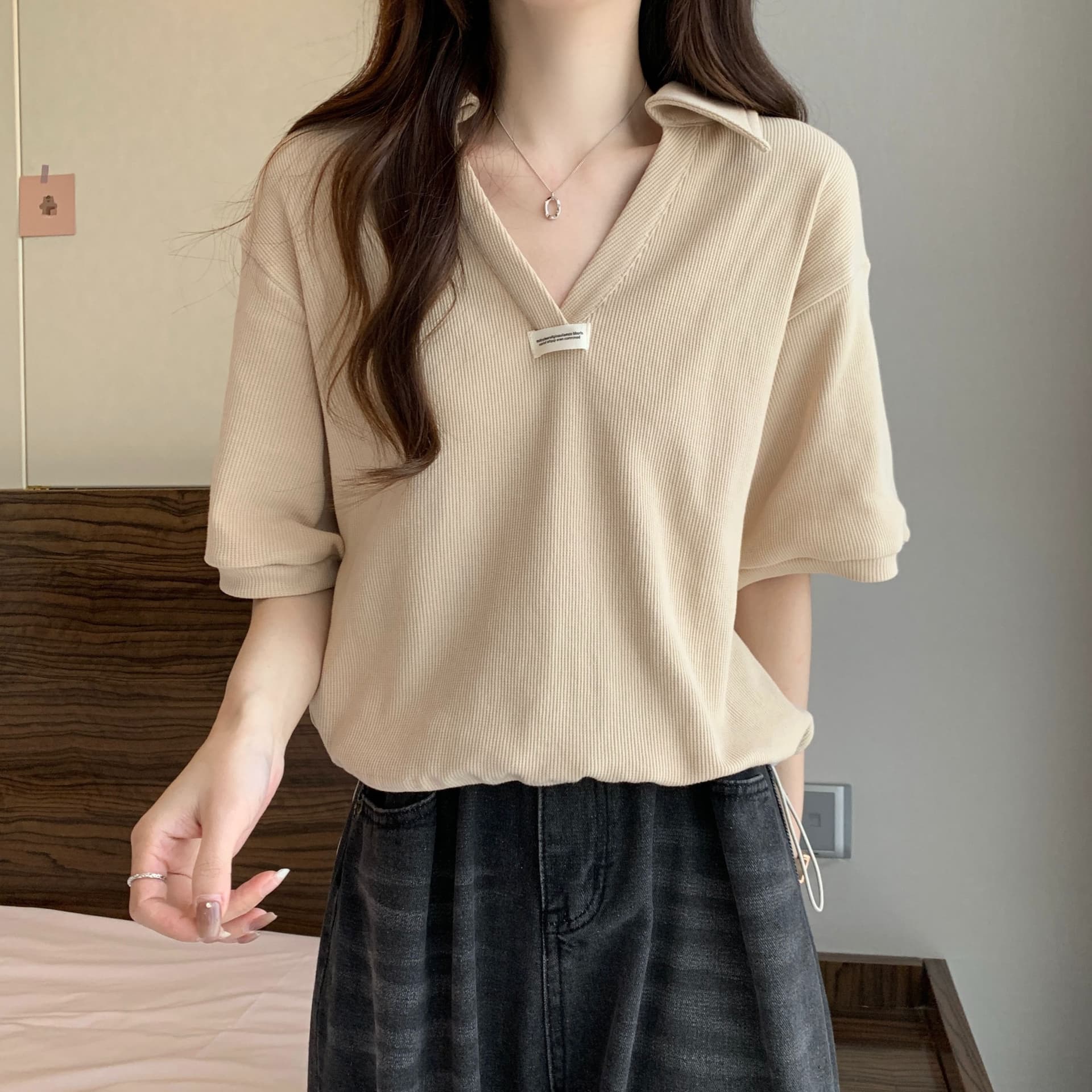 실사 35 면 POLO 칼라 쇼트 스타일 반팔 티셔츠 여성 봄 2025 새로운 티셔츠 맨위 POLO 셔츠 상세 이미지 24