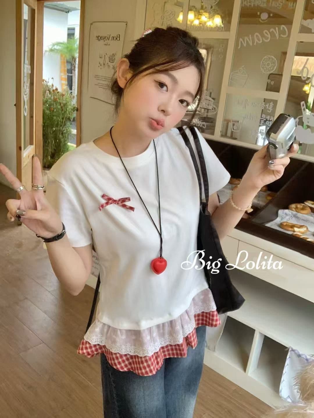순면 디자인 센스 표지 고기 슬림해 보이는 반팔 티셔츠 여성 페이크 레이어드 품격 패션 레이스 체크무늬 나비 매듭 맨위 상세 이미지 13
