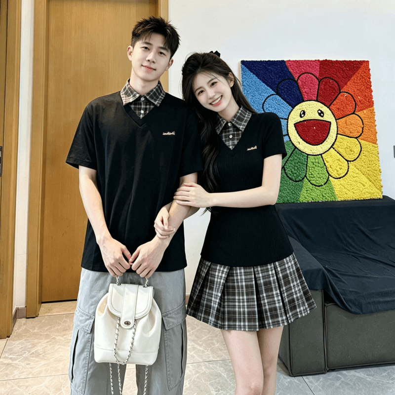 자수 커플룩 학원 스타일 페이크 레이어드 허리 수축 슬림해 보이는 플리츠 드레스 작은 대중 디자인 POLO 칼라 이미지 4