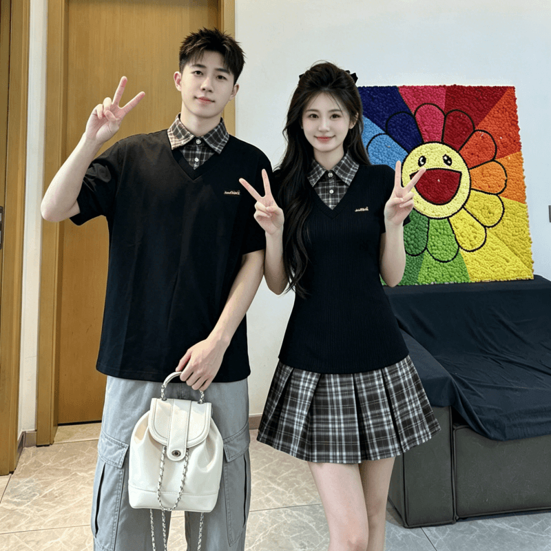 자수 커플룩 학원 스타일 페이크 레이어드 허리 수축 슬림해 보이는 플리츠 드레스 작은 대중 디자인 POLO 칼라