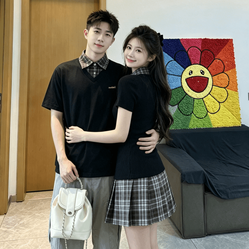 자수 커플룩 학원 스타일 페이크 레이어드 허리 수축 슬림해 보이는 플리츠 드레스 작은 대중 디자인 POLO 칼라 이미지 3