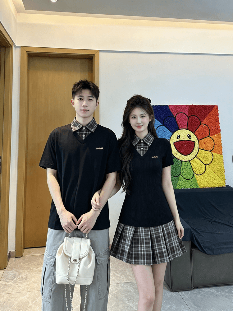 자수 커플룩 학원 스타일 페이크 레이어드 허리 수축 슬림해 보이는 플리츠 드레스 작은 대중 디자인 POLO 칼라 상세 이미지 1