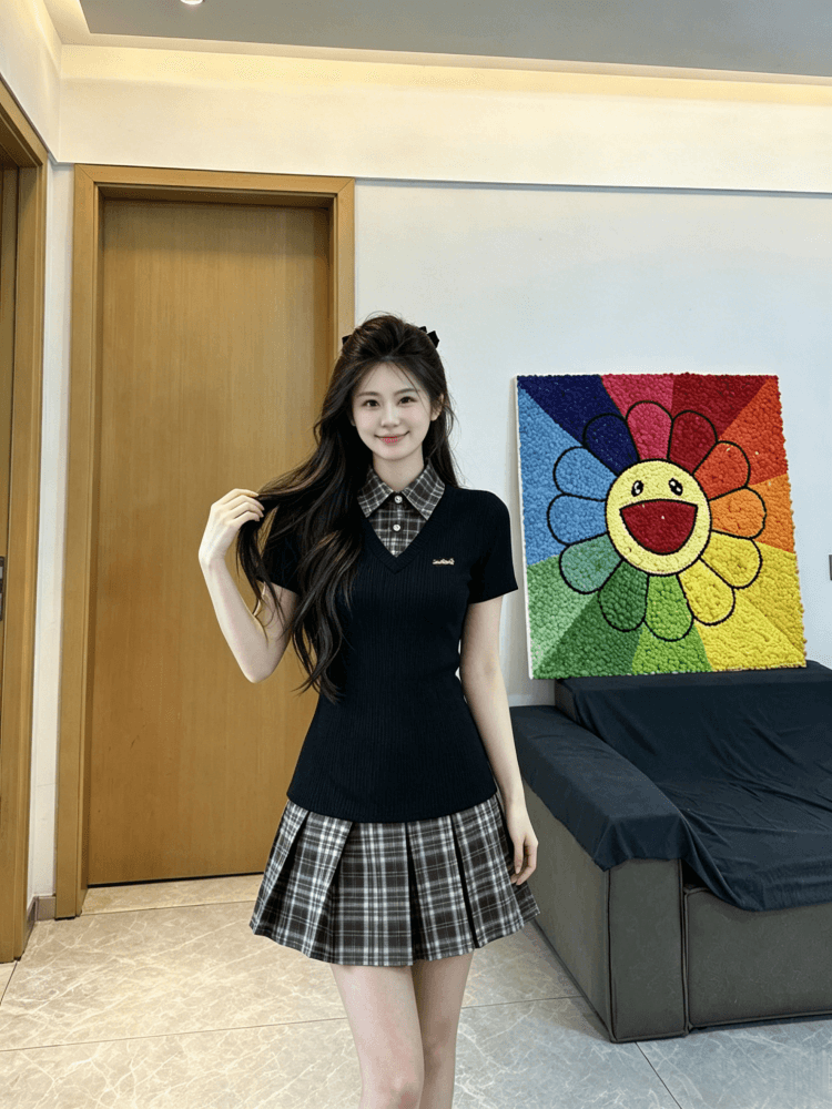 자수 커플룩 학원 스타일 페이크 레이어드 허리 수축 슬림해 보이는 플리츠 드레스 작은 대중 디자인 POLO 칼라 상세 이미지 2