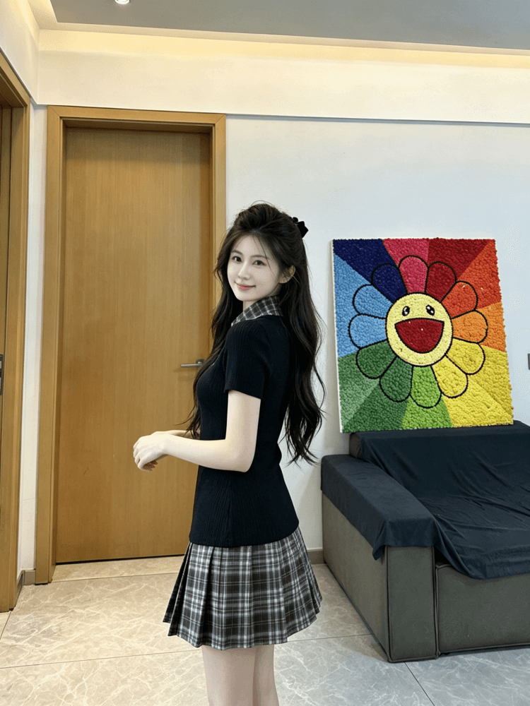 자수 커플룩 학원 스타일 페이크 레이어드 허리 수축 슬림해 보이는 플리츠 드레스 작은 대중 디자인 POLO 칼라 상세 이미지 3