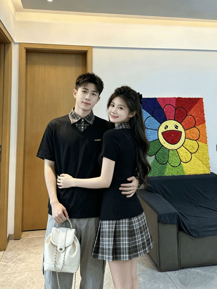 자수 커플룩 학원 스타일 페이크 레이어드 허리 수축 슬림해 보이는 플리츠 드레스 작은 대중 디자인 POLO 칼라 상세 이미지 5