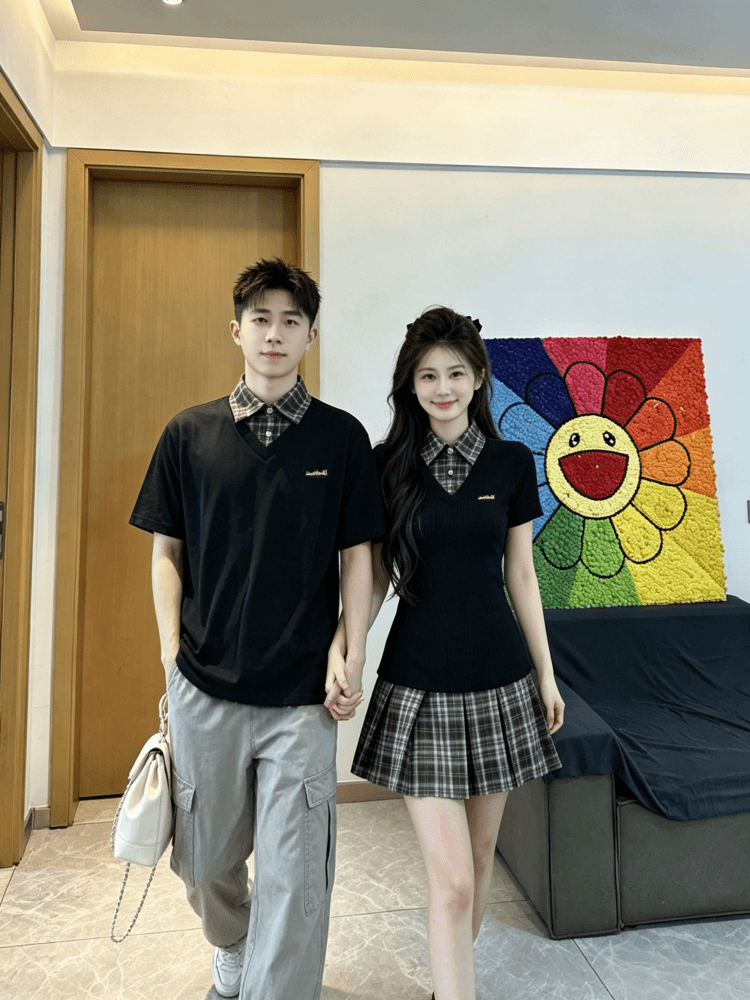 자수 커플룩 학원 스타일 페이크 레이어드 허리 수축 슬림해 보이는 플리츠 드레스 작은 대중 디자인 POLO 칼라 상세 이미지 9