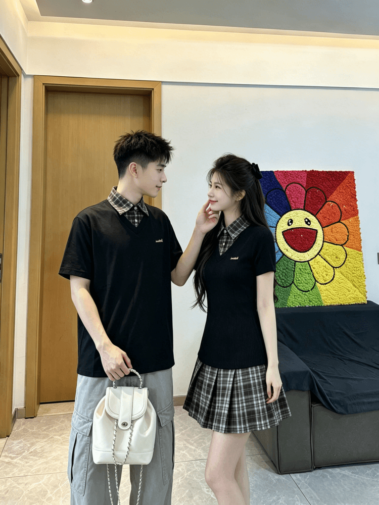 자수 커플룩 학원 스타일 페이크 레이어드 허리 수축 슬림해 보이는 플리츠 드레스 작은 대중 디자인 POLO 칼라 상세 이미지 10