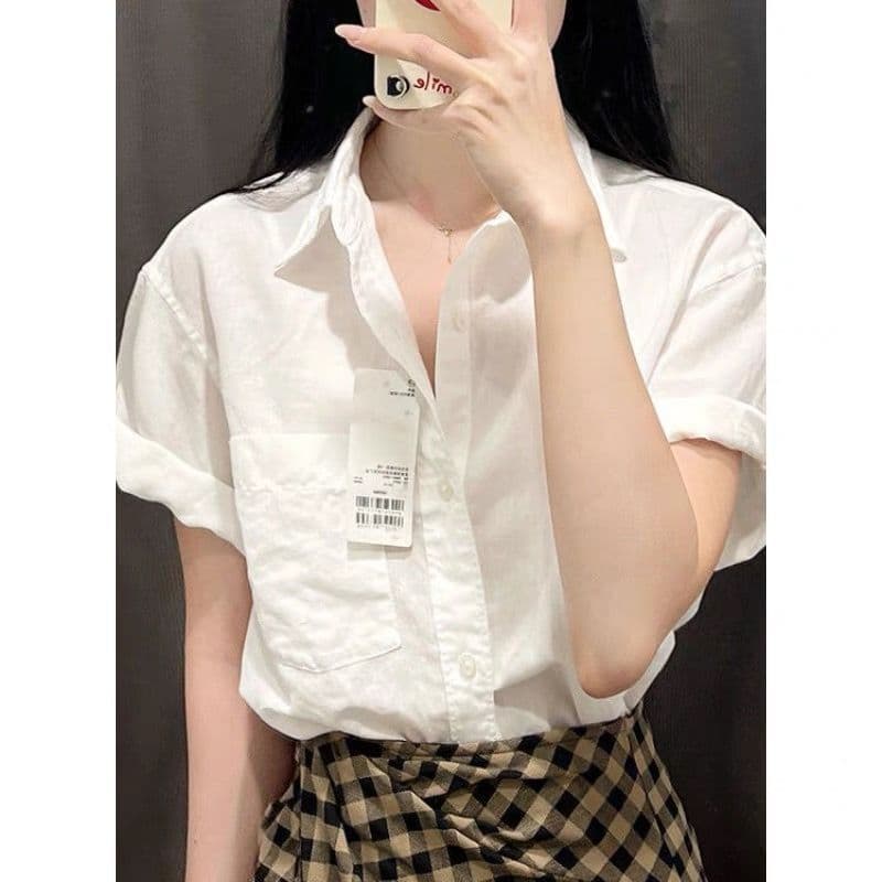 느긋한 바람 단색 POLO 칼라 연령 감소 반팔 셔츠 여성 의류 여름 루즈핏 다용도 캐주얼 맨위