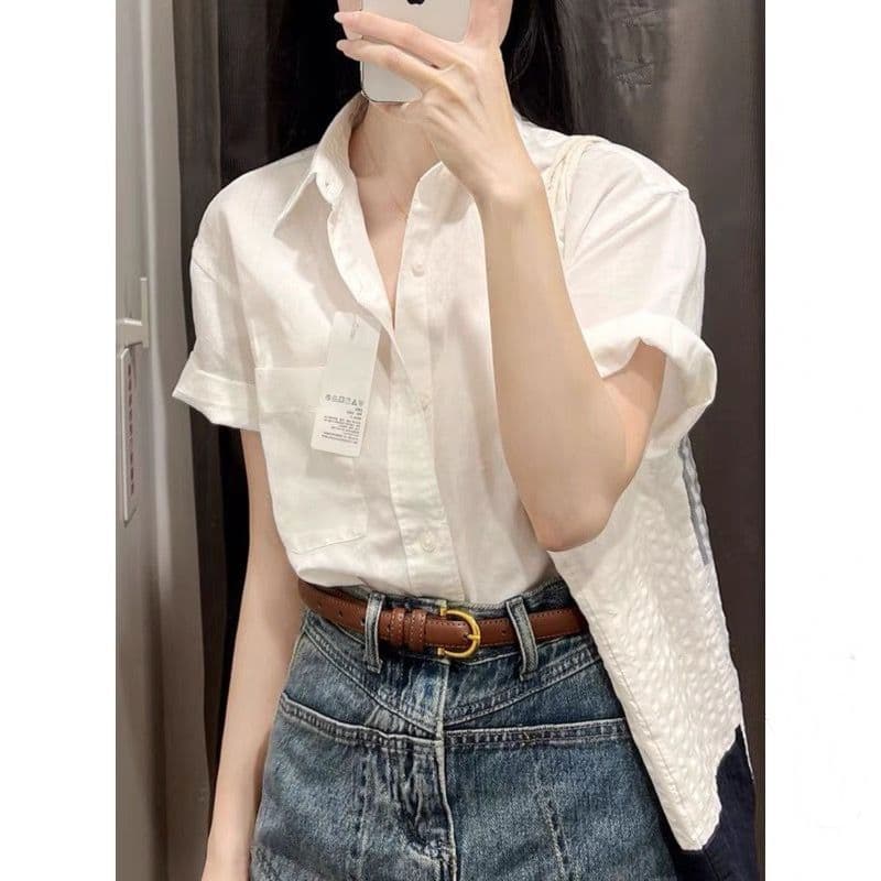 느긋한 바람 단색 POLO 칼라 연령 감소 반팔 셔츠 여성 의류 여름 루즈핏 다용도 캐주얼 맨위 상세 이미지 1
