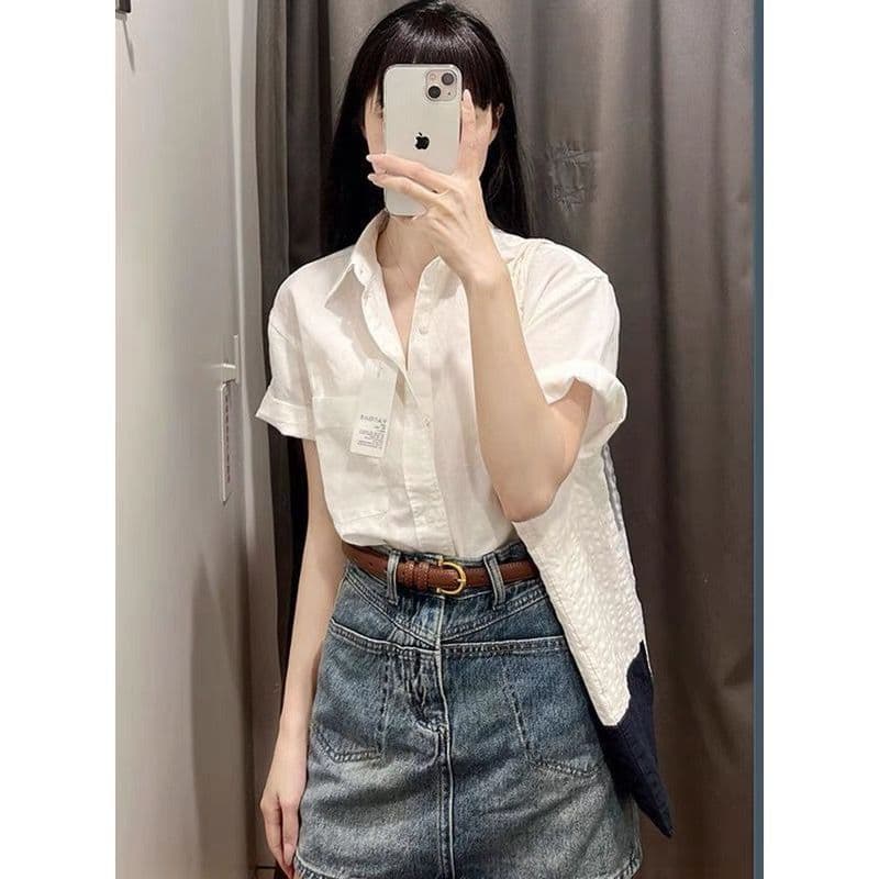 느긋한 바람 단색 POLO 칼라 연령 감소 반팔 셔츠 여성 의류 여름 루즈핏 다용도 캐주얼 맨위 상세 이미지 3