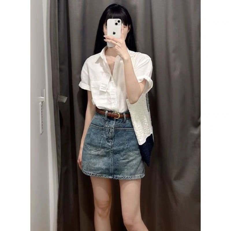 느긋한 바람 단색 POLO 칼라 연령 감소 반팔 셔츠 여성 의류 여름 루즈핏 다용도 캐주얼 맨위 상세 이미지 4