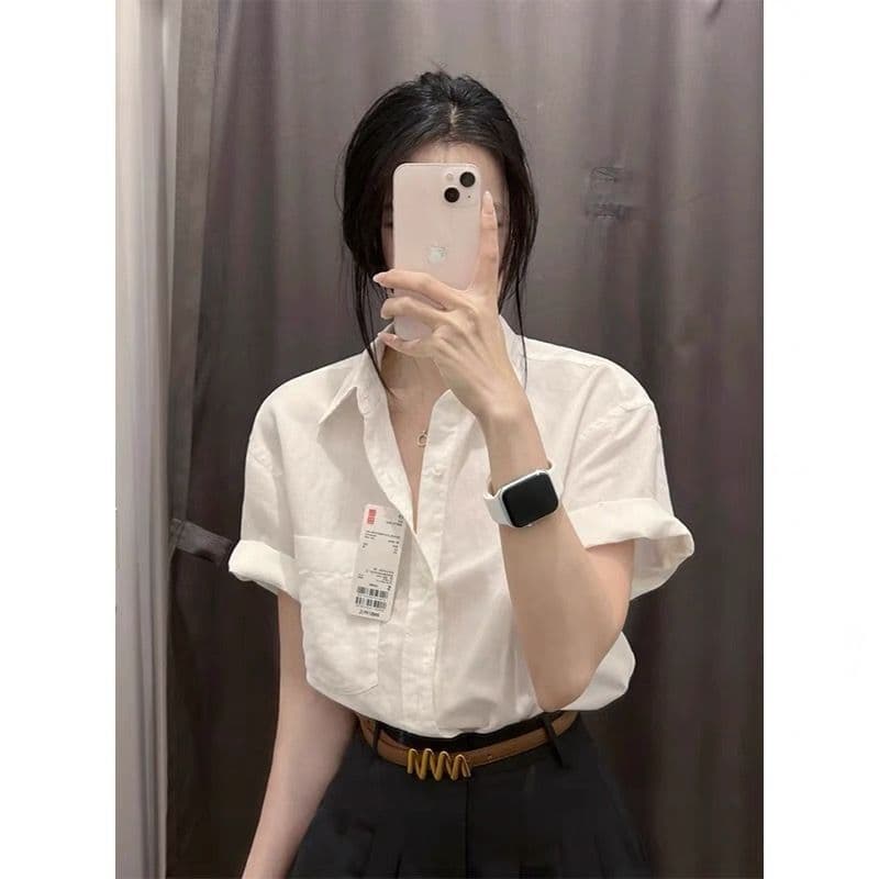 느긋한 바람 단색 POLO 칼라 연령 감소 반팔 셔츠 여성 의류 여름 루즈핏 다용도 캐주얼 맨위 상세 이미지 6