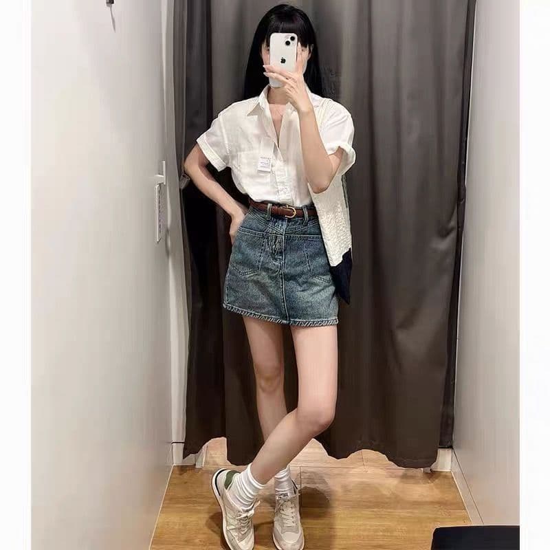 느긋한 바람 단색 POLO 칼라 연령 감소 반팔 셔츠 여성 의류 여름 루즈핏 다용도 캐주얼 맨위 상세 이미지 7