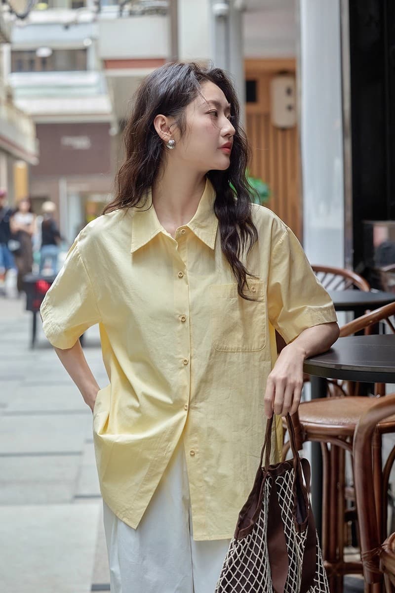 느긋한 바람 단색 POLO 칼라 연령 감소 반팔 셔츠 여성 의류 여름 루즈핏 다용도 캐주얼 맨위 상세 이미지 12