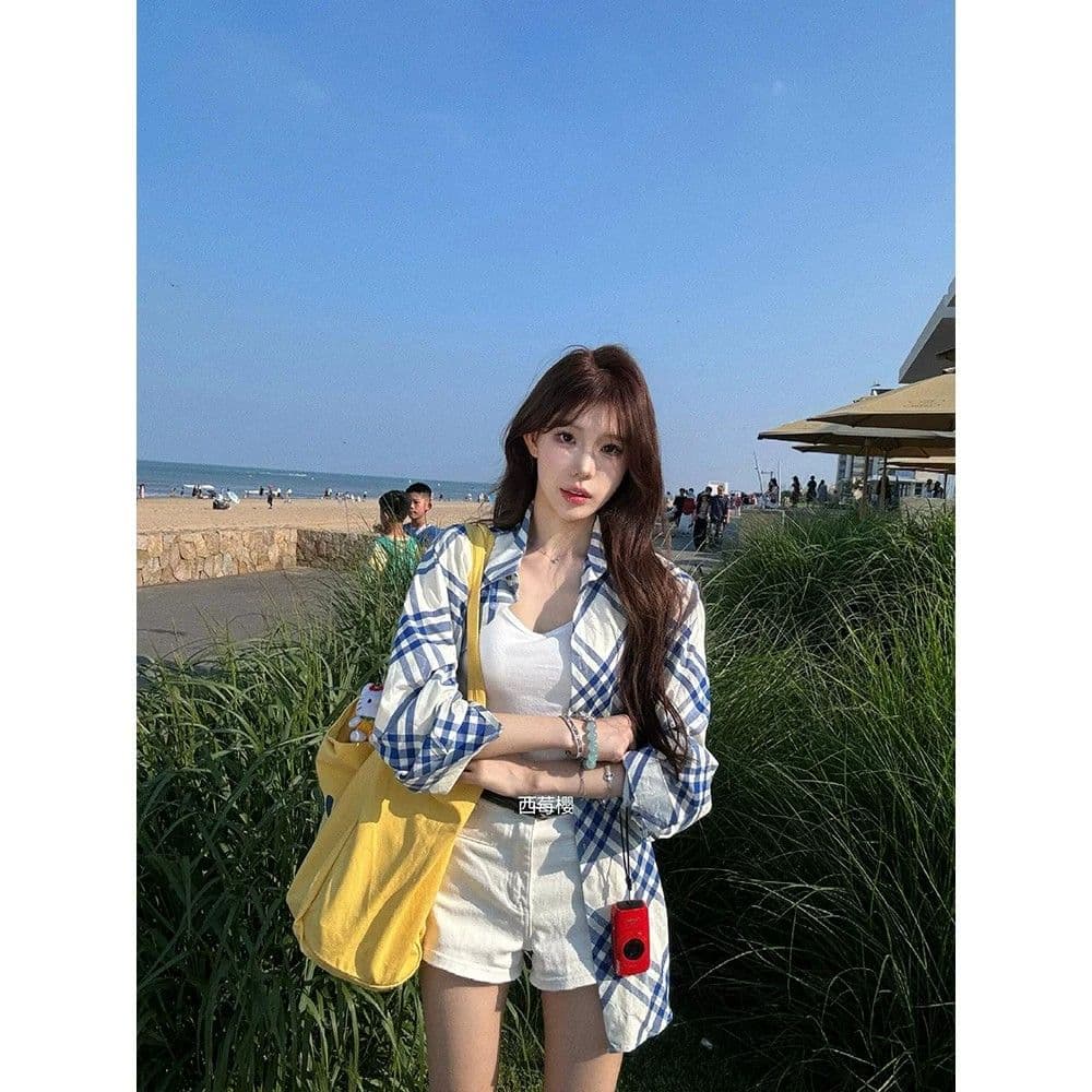 느긋한 바람 단색 POLO 칼라 연령 감소 긴팔 셔츠 여성 의류 여름 루즈핏 다용도 캐주얼 맨위 상세 이미지 1