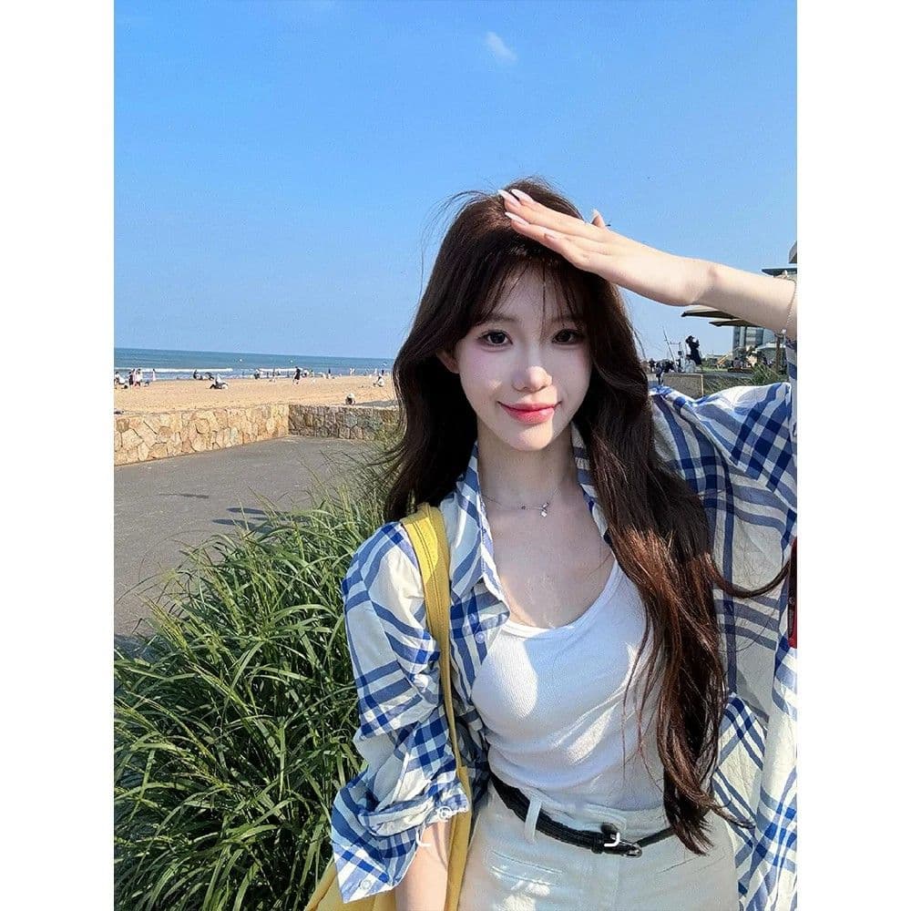 느긋한 바람 단색 POLO 칼라 연령 감소 긴팔 셔츠 여성 의류 여름 루즈핏 다용도 캐주얼 맨위 상세 이미지 5