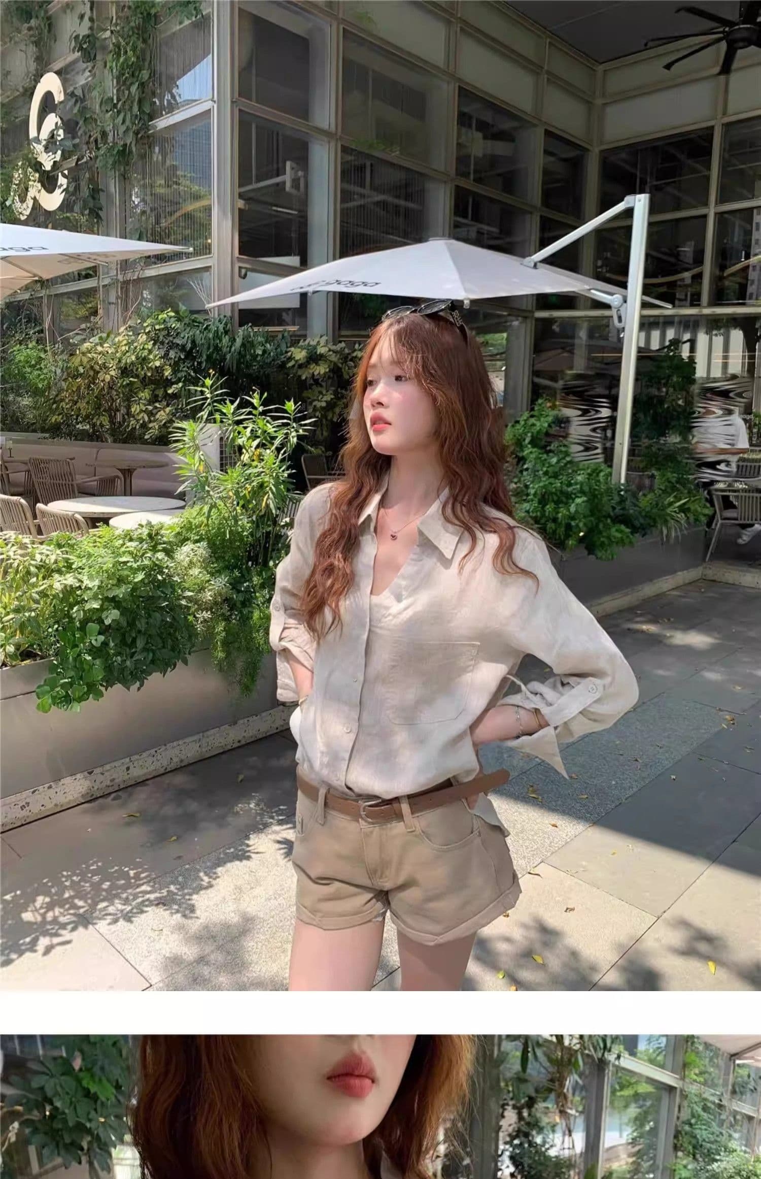 원본 마 색상 아마 오래된 돈 바람 여성 셔츠 여름 얇은 스타일 느슨함 센스 디자인 센스 V넥 면 린넨 셔츠 자외선 차단 맨위 상세 이미지 2
