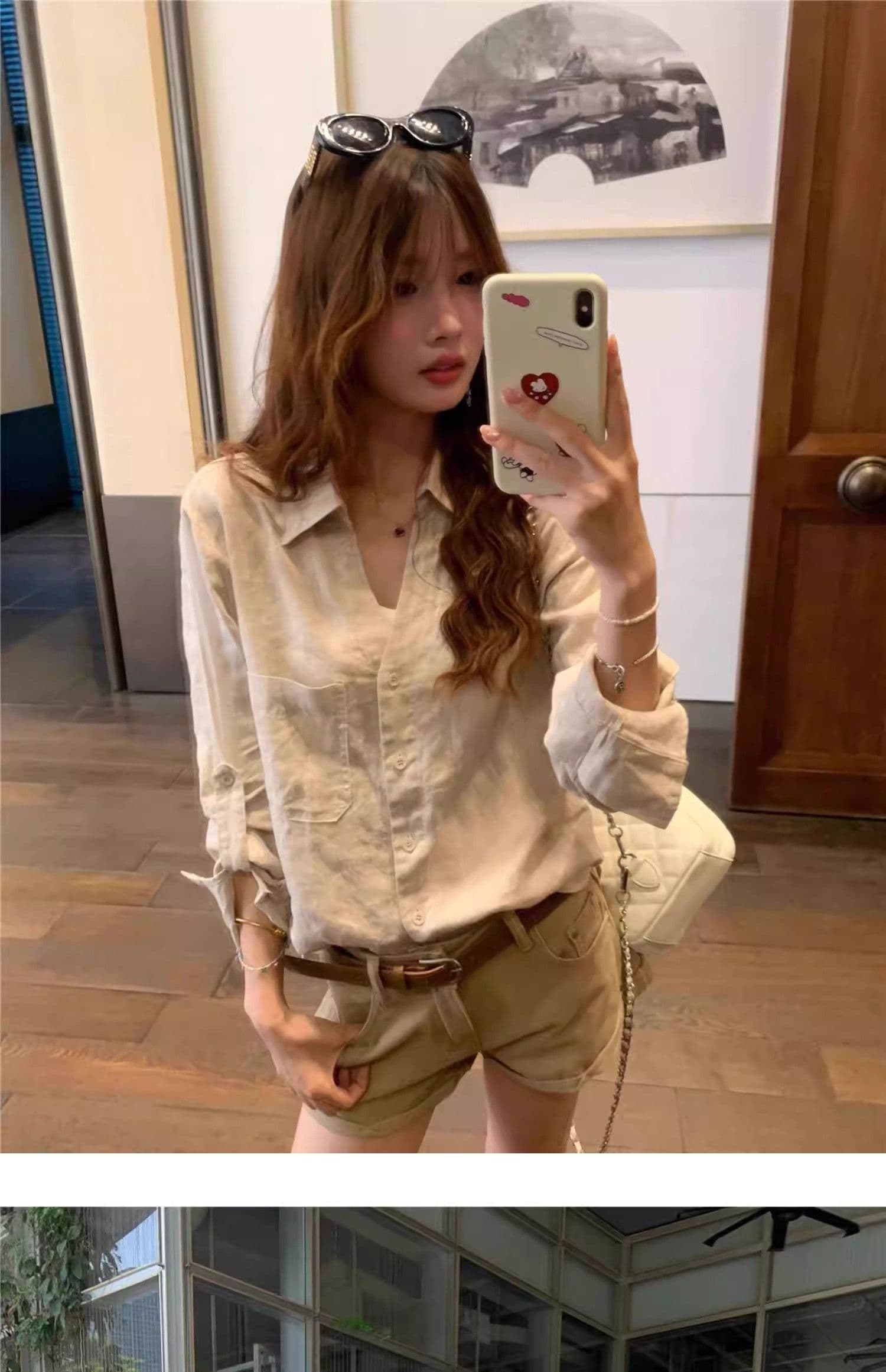 원본 마 색상 아마 오래된 돈 바람 여성 셔츠 여름 얇은 스타일 느슨함 센스 디자인 센스 V넥 면 린넨 셔츠 자외선 차단 맨위 상세 이미지 6