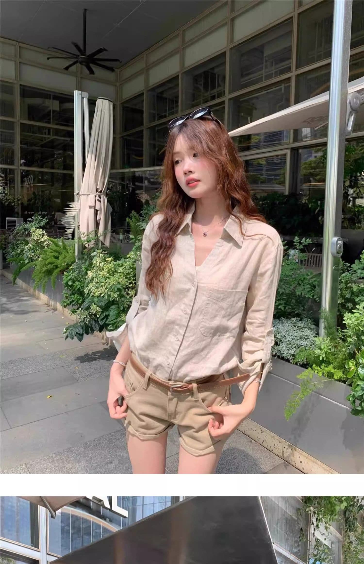 원본 마 색상 아마 오래된 돈 바람 여성 셔츠 여름 얇은 스타일 느슨함 센스 디자인 센스 V넥 면 린넨 셔츠 자외선 차단 맨위 상세 이미지 8