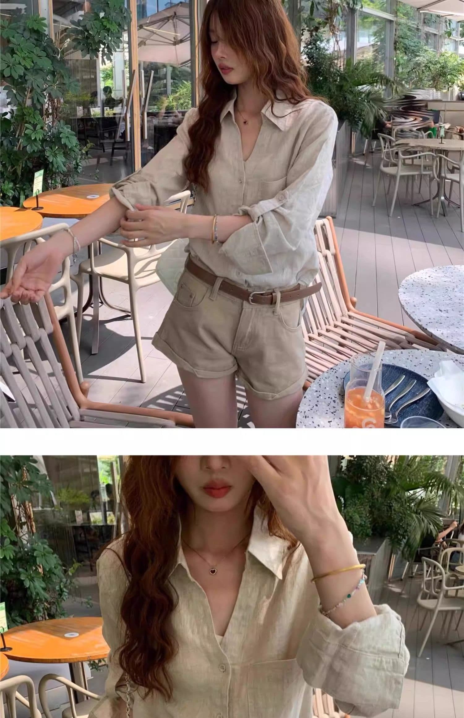 원본 마 색상 아마 오래된 돈 바람 여성 셔츠 여름 얇은 스타일 느슨함 센스 디자인 센스 V넥 면 린넨 셔츠 자외선 차단 맨위 상세 이미지 10