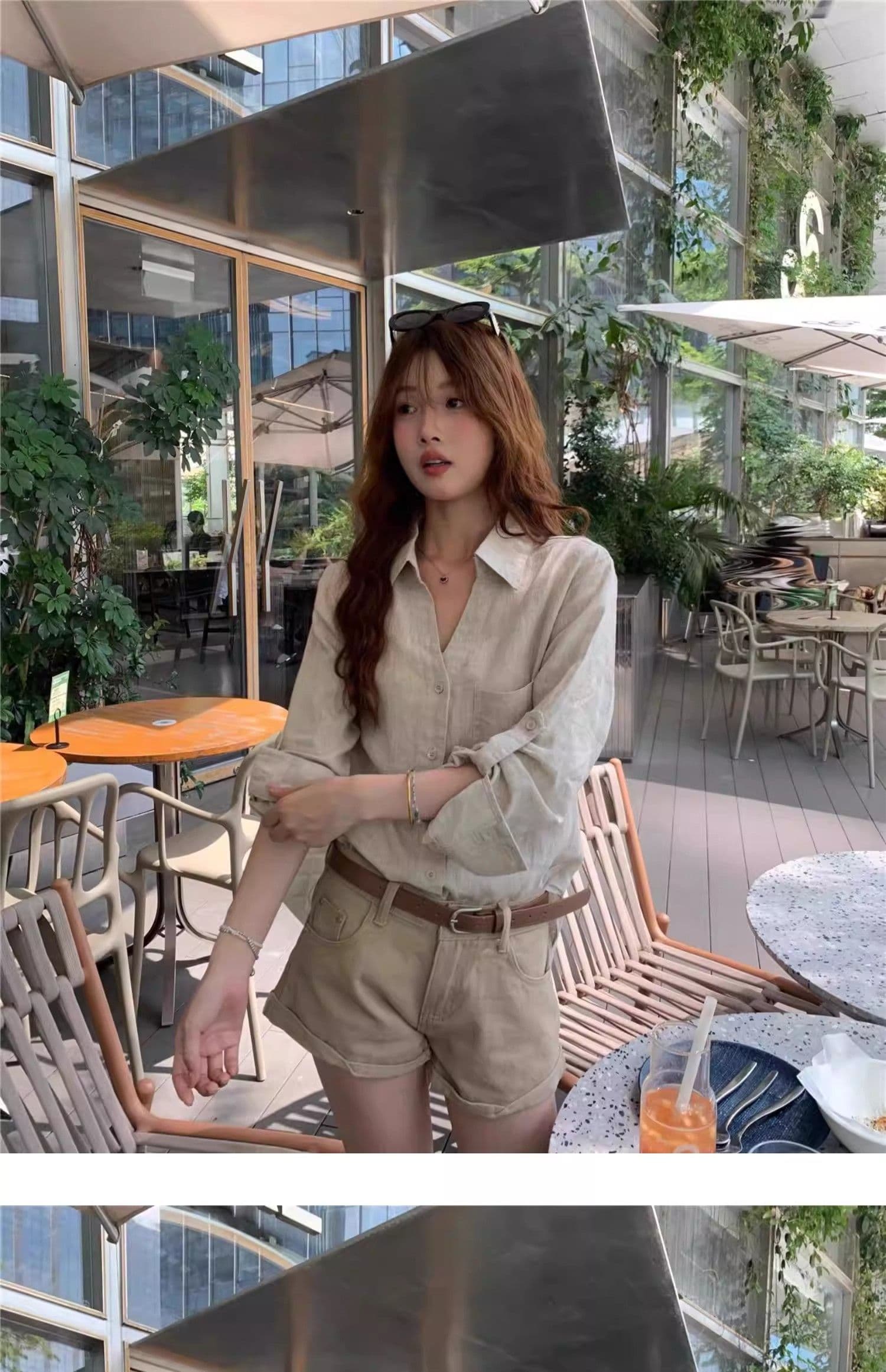 원본 마 색상 아마 오래된 돈 바람 여성 셔츠 여름 얇은 스타일 느슨함 센스 디자인 센스 V넥 면 린넨 셔츠 자외선 차단 맨위 상세 이미지 13