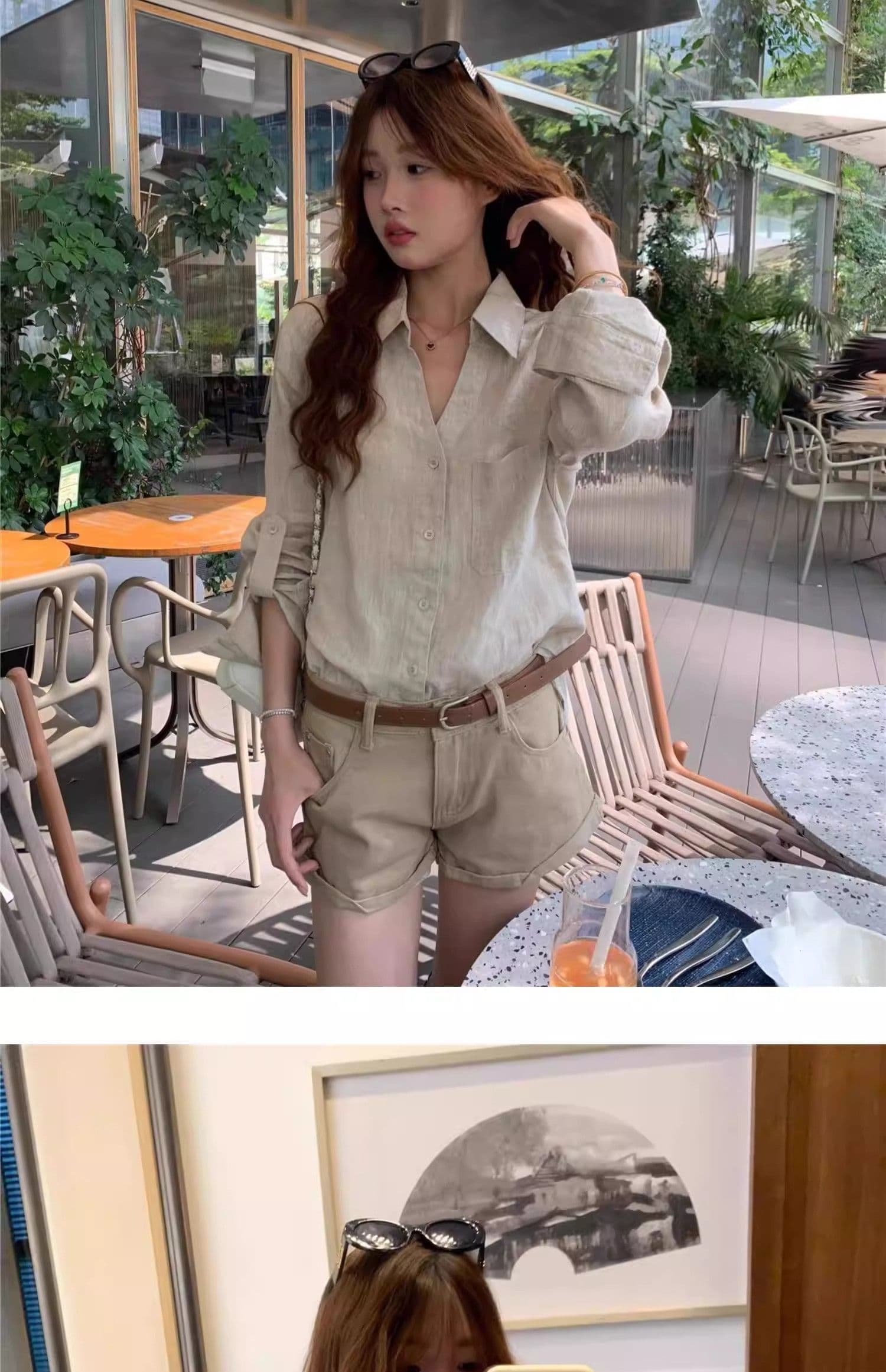 원본 마 색상 아마 오래된 돈 바람 여성 셔츠 여름 얇은 스타일 느슨함 센스 디자인 센스 V넥 면 린넨 셔츠 자외선 차단 맨위 상세 이미지 14