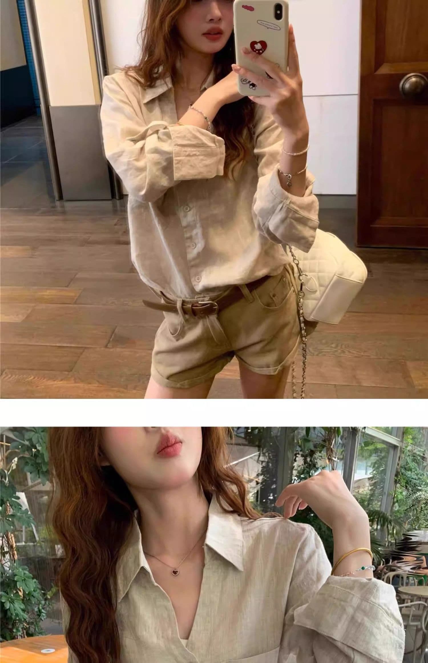 원본 마 색상 아마 오래된 돈 바람 여성 셔츠 여름 얇은 스타일 느슨함 센스 디자인 센스 V넥 면 린넨 셔츠 자외선 차단 맨위 상세 이미지 15