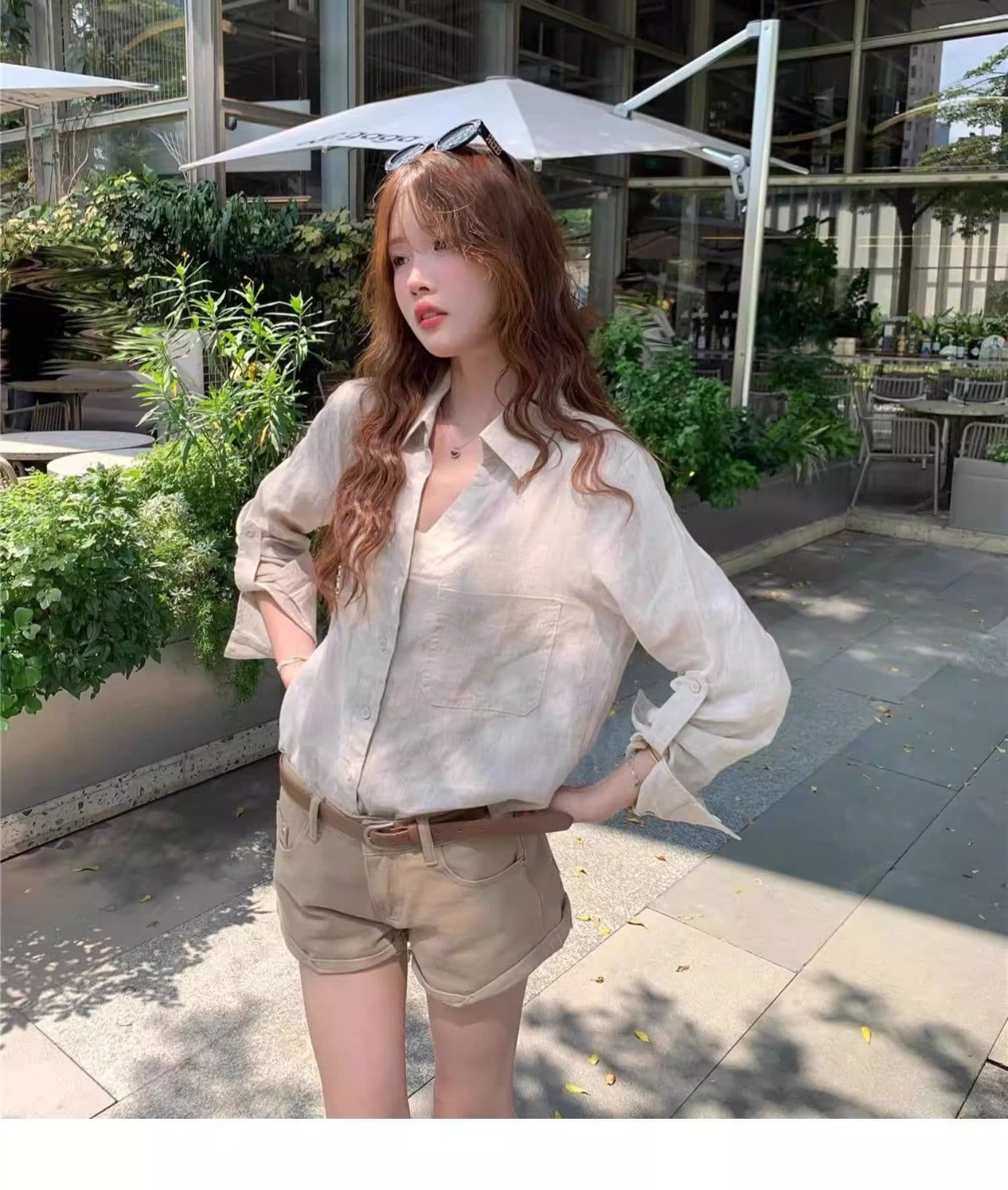 원본 마 색상 아마 오래된 돈 바람 여성 셔츠 여름 얇은 스타일 느슨함 센스 디자인 센스 V넥 면 린넨 셔츠 자외선 차단 맨위 상세 이미지 1