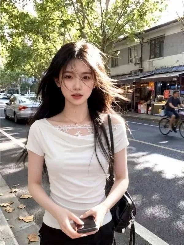 260 그램 와 사고 방식 비스듬한 어깨 반팔 티셔츠 여성 여름 레이스 흔들다 칼라 작은 키 슬림해 보이는 품격 오프숄더 맨위 상세 이미지 8
