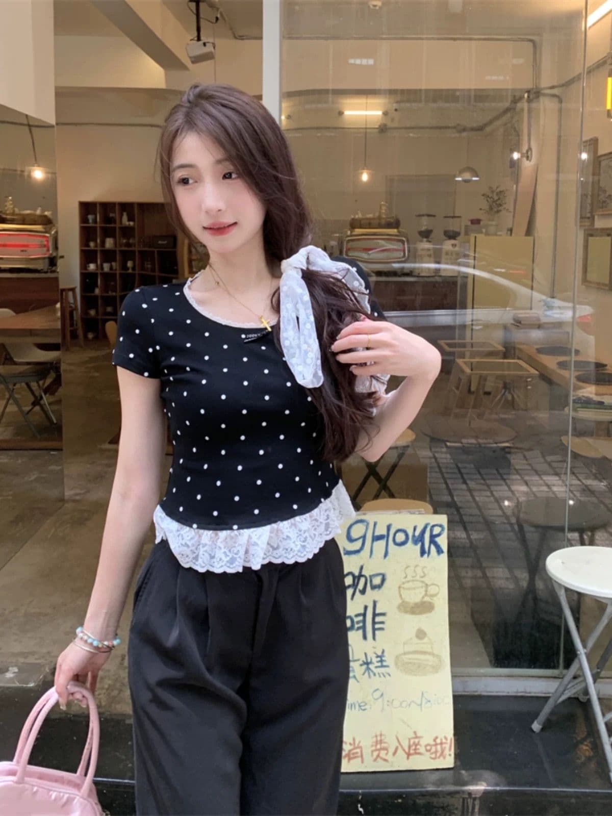 빅 사이즈 여성 의류 2026 새로운 지방 mm 도트 무늬 반팔 티셔츠 디자인 센스 패치워크 레이스 순수한 욕망 품격 맨위 여성 상세 이미지 5