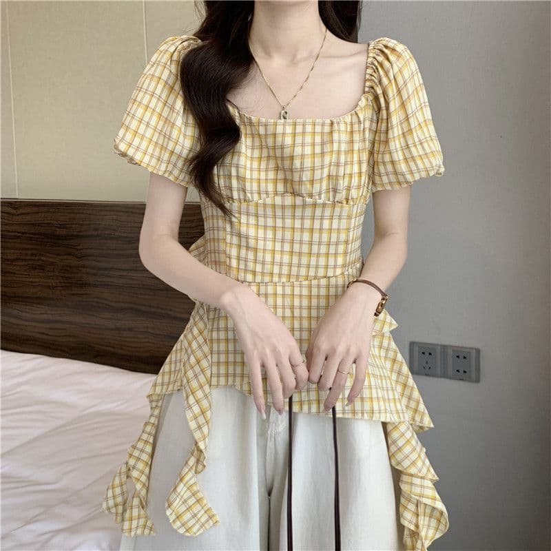 연령 감소 황색 체크무늬 광장 칼라 긍정적 인 어깨 반팔 여성 셔츠 2026 여름 프릴 리본 인형 셔츠 맨위 상세 이미지 2