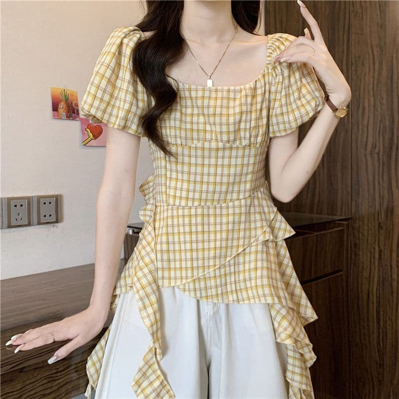 연령 감소 황색 체크무늬 광장 칼라 긍정적 인 어깨 반팔 여성 셔츠 2026 여름 프릴 리본 인형 셔츠 맨위 상세 이미지 4