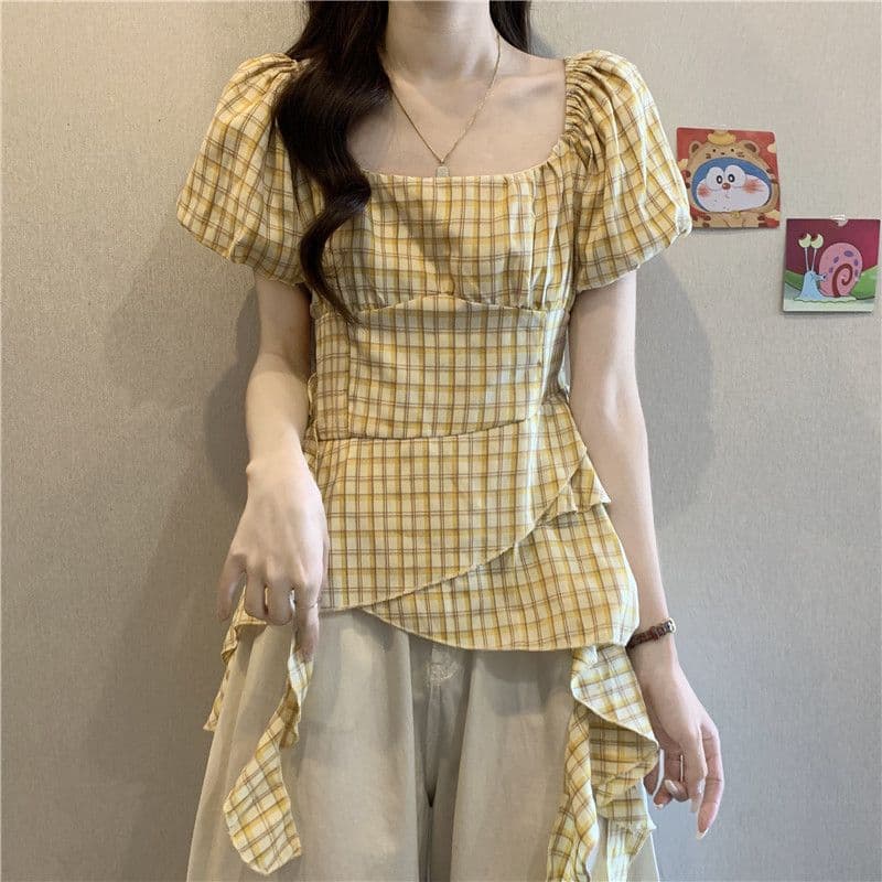 연령 감소 황색 체크무늬 광장 칼라 긍정적 인 어깨 반팔 여성 셔츠 2026 여름 프릴 리본 인형 셔츠 맨위 상세 이미지 7