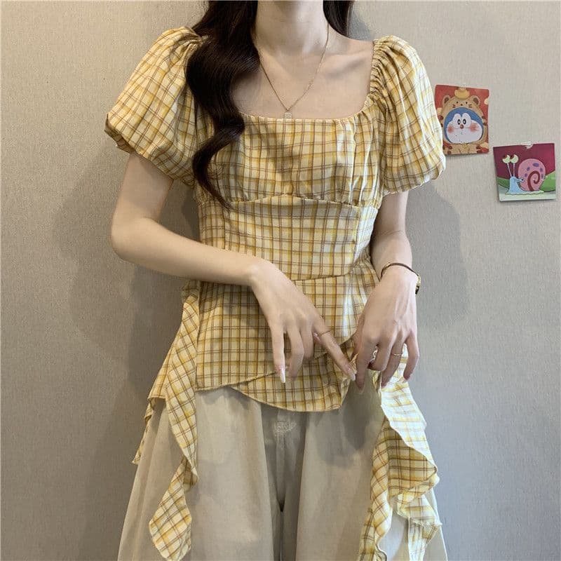 연령 감소 황색 체크무늬 광장 칼라 긍정적 인 어깨 반팔 여성 셔츠 2026 여름 프릴 리본 인형 셔츠 맨위 상세 이미지 8