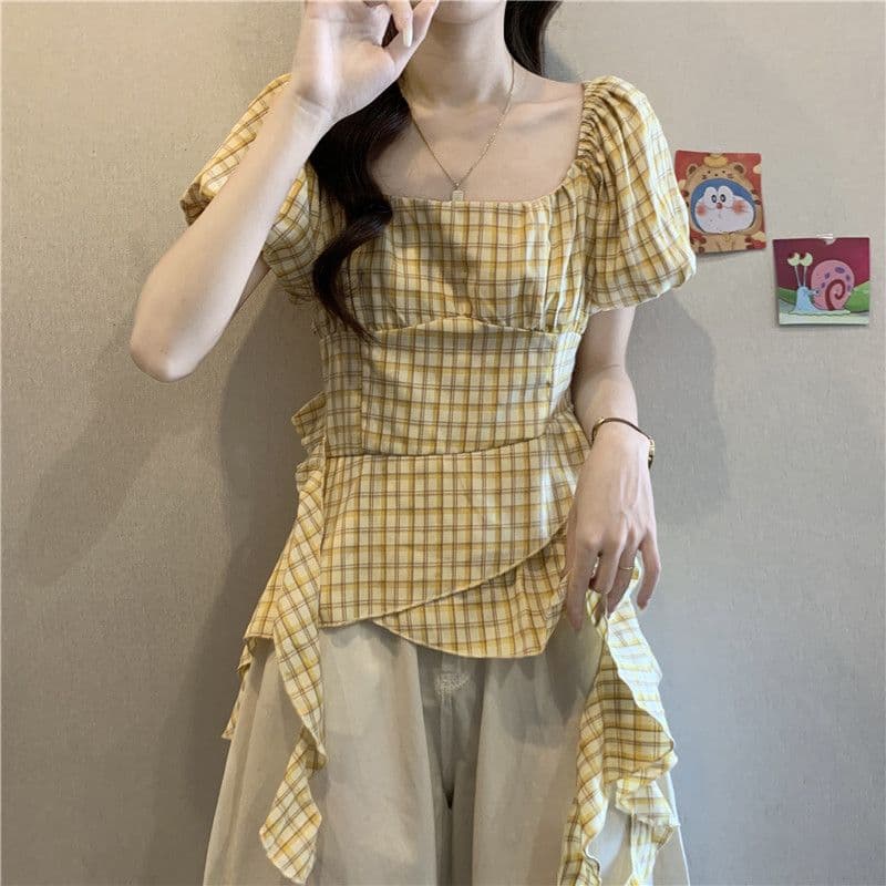 연령 감소 황색 체크무늬 광장 칼라 긍정적 인 어깨 반팔 여성 셔츠 2026 여름 프릴 리본 인형 셔츠 맨위 상세 이미지 9