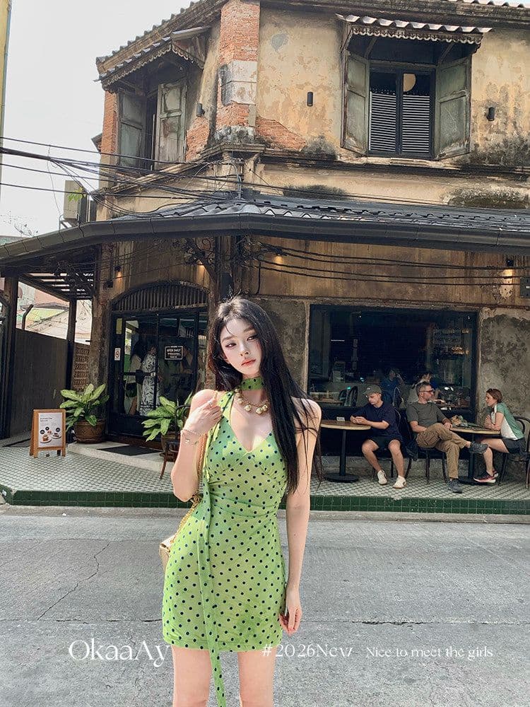 폴리 에스터 인터넷 원단 네리 에덴 여행 프랑스식 레트로 휴가 바람 도트 무늬 행침 목 V넥 꼬집기 허리 드레스 상세 이미지 7