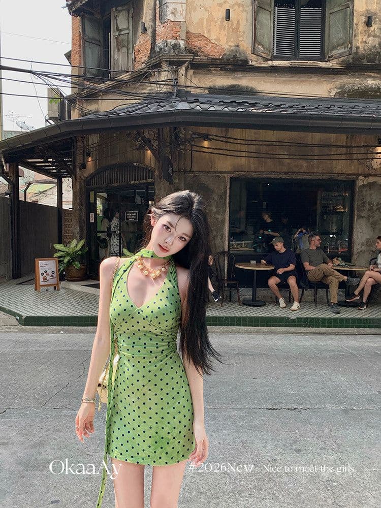 폴리 에스터 인터넷 원단 네리 에덴 여행 프랑스식 레트로 휴가 바람 도트 무늬 행침 목 V넥 꼬집기 허리 드레스 상세 이미지 10