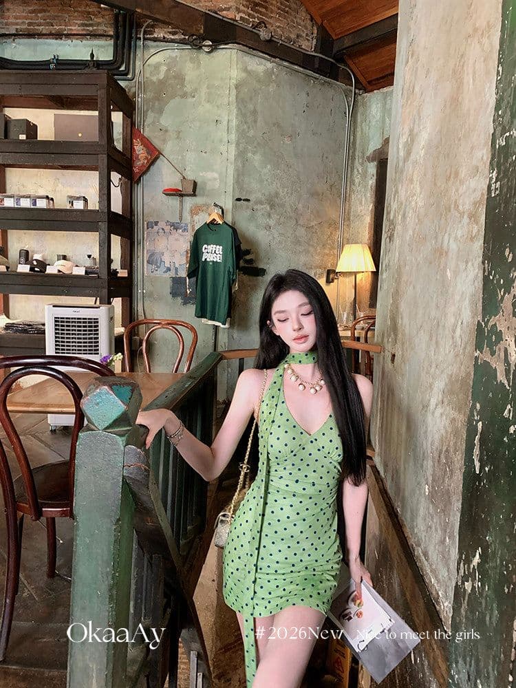 폴리 에스터 인터넷 원단 네리 에덴 여행 프랑스식 레트로 휴가 바람 도트 무늬 행침 목 V넥 꼬집기 허리 드레스 상세 이미지 13