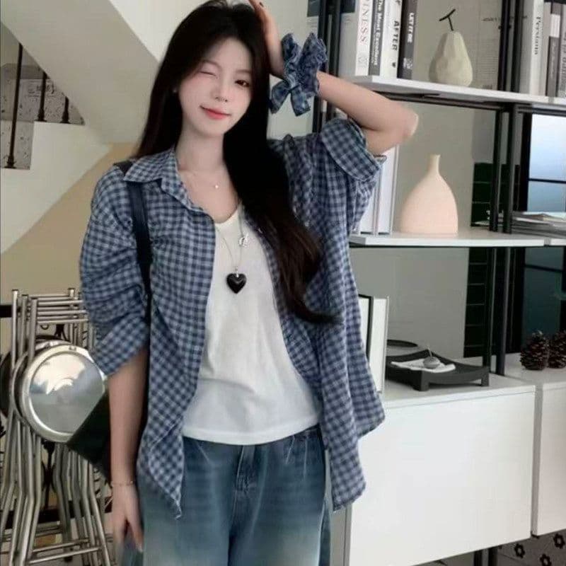 2026 새로운 벨트 머리카락 서클 격자 무늬 셔츠 여성 코트 여름 달콤함 루즈핏 캐주얼 여성 상세 이미지 2
