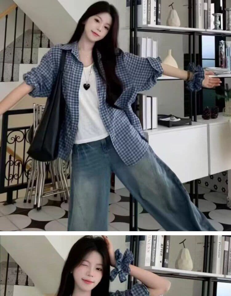 2026 새로운 벨트 머리카락 서클 격자 무늬 셔츠 여성 코트 여름 달콤함 루즈핏 캐주얼 여성 상세 이미지 3