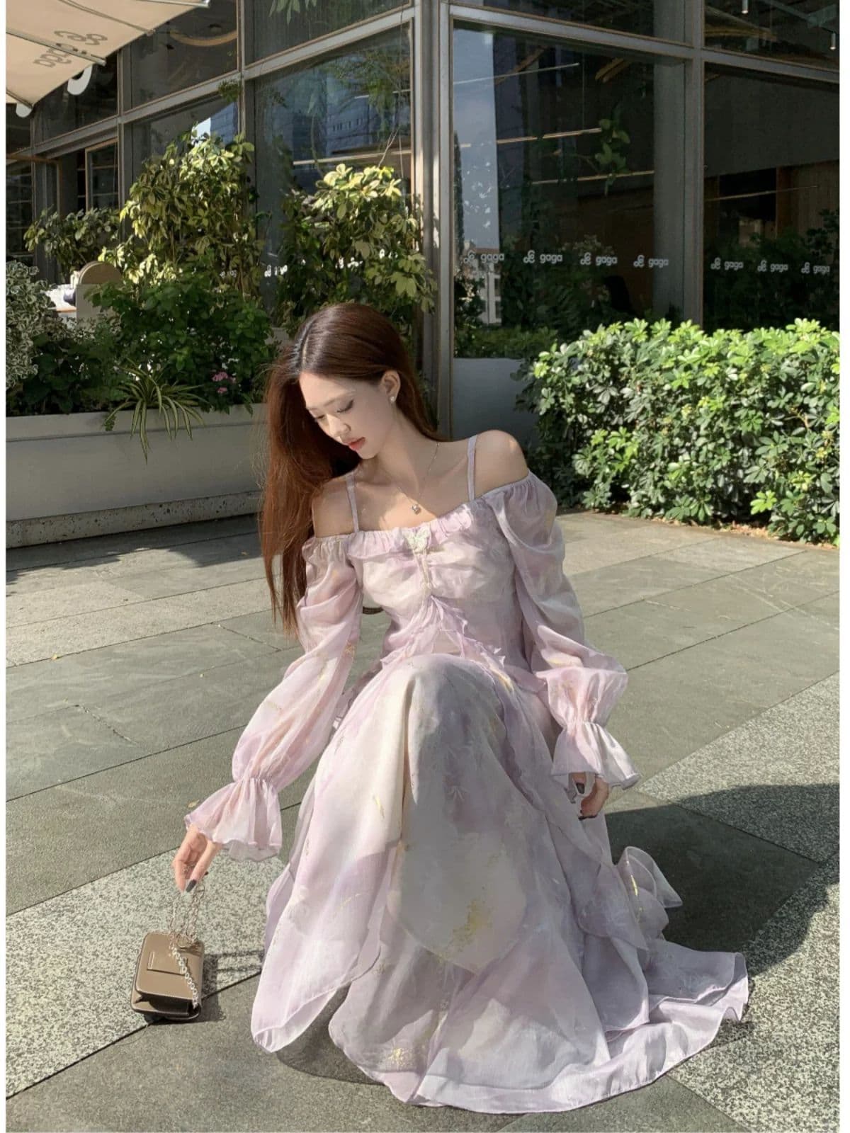 빅 사이즈 프랑스식 보라색 긴팔 슬립 드레스 여성 의류 봄 지방 mm 표지 배 슬림해 보이는 프릴 품격 롱 스커트 이미지 2